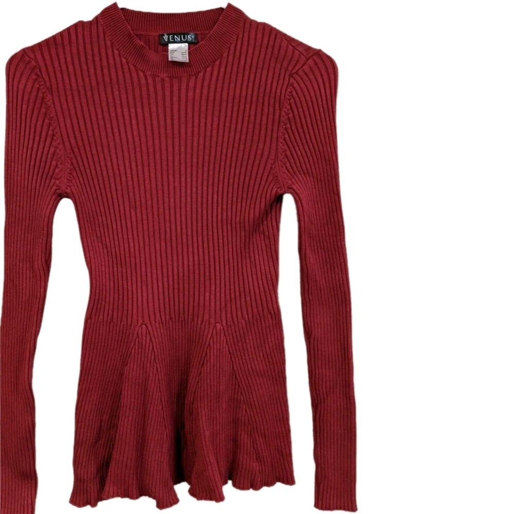 Venus Ribbed Peplum Crew neck Long Sleeve Burgundy Red Sweater Sz S